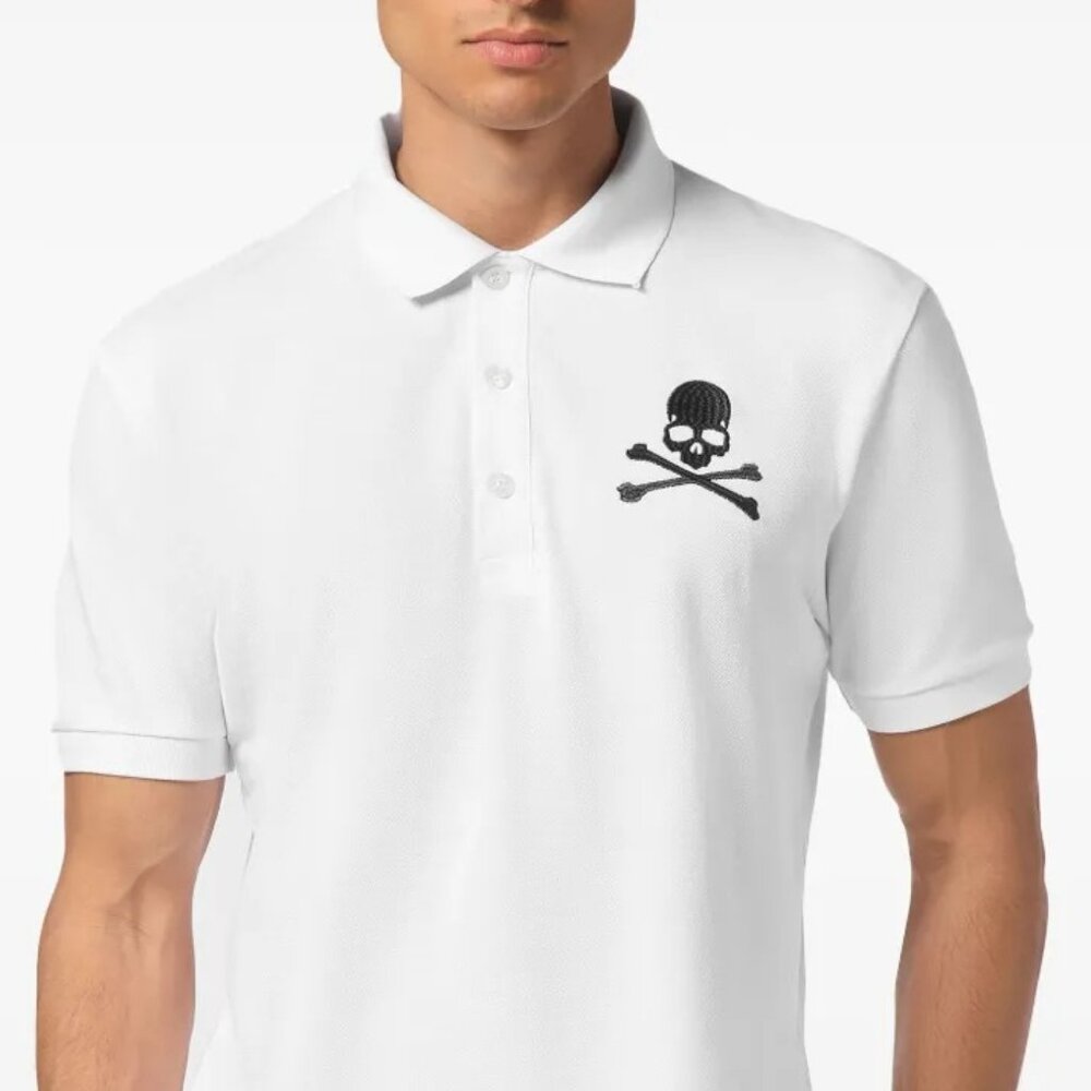 NEW PHILIPP PLEIN Men Polo Shirt White Size XL Embroidered Skull Bones Graphic